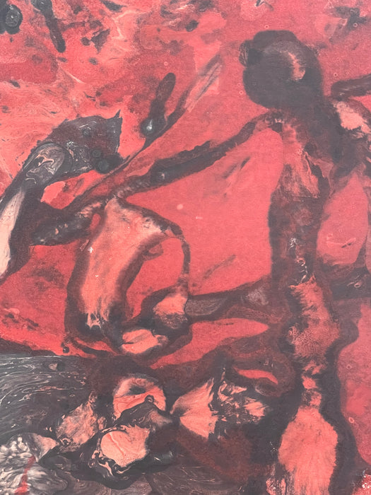 Vintage Signed Abstract Painting in Red and Black, Figurative Composition