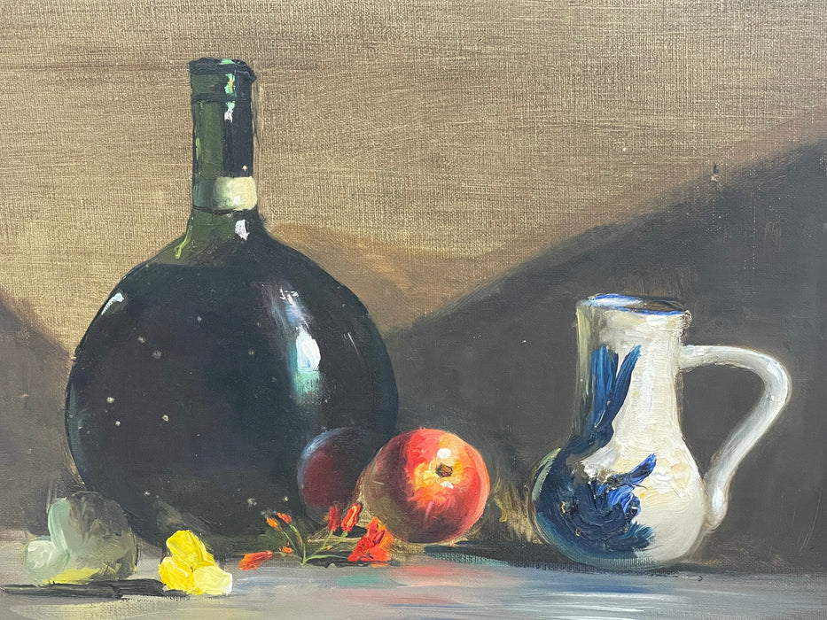 Vintage Still Life Oil Painting with Bottle, Ceramic Pitcher and Apple on Canvas Board