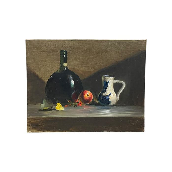 Vintage Still Life Oil Painting with Bottle, Ceramic Pitcher and Apple on Canvas Board