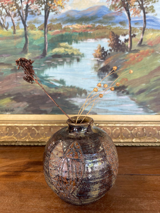 Studio Pottery Vase by Nelson with Incised Geometric Motifs and Earthy Glaze