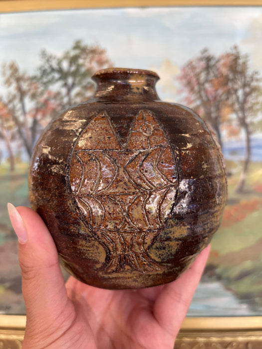 Studio Pottery Vase by Nelson with Incised Geometric Motifs and Earthy Glaze