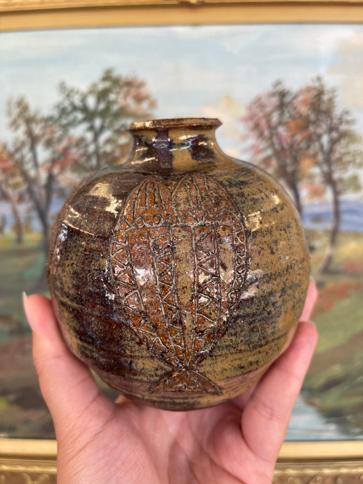 Studio Pottery Vase by Nelson with Incised Geometric Motifs and Earthy Glaze