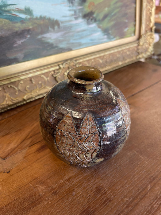 Studio Pottery Vase by Nelson with Incised Geometric Motifs and Earthy Glaze