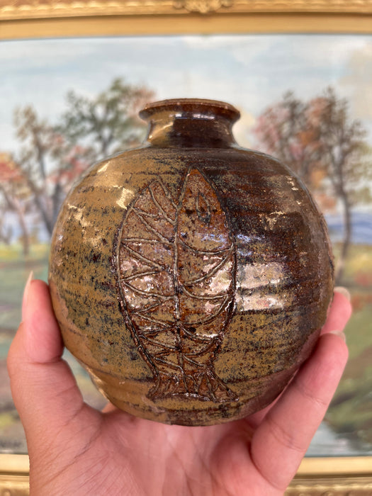 Studio Pottery Vase by Nelson with Incised Geometric Motifs and Earthy Glaze