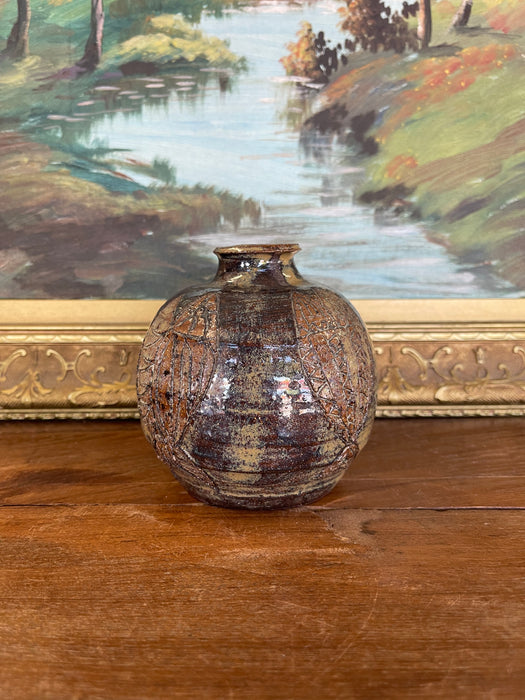 Studio Pottery Vase by Nelson with Incised Geometric Motifs and Earthy Glaze