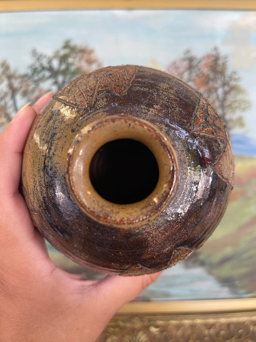 Studio Pottery Vase by Nelson with Incised Geometric Motifs and Earthy Glaze