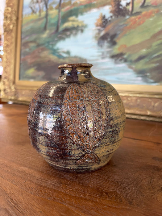 Studio Pottery Vase by Nelson with Incised Geometric Motifs and Earthy Glaze