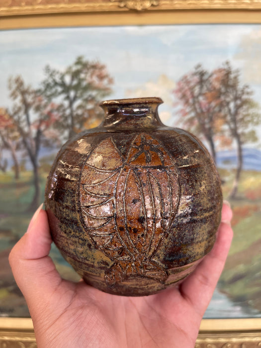Studio Pottery Vase by Nelson with Incised Geometric Motifs and Earthy Glaze