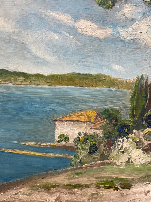 Vintage Coastal Landscape Painting in Impressionist Style, Framed Seascape with Sailboat