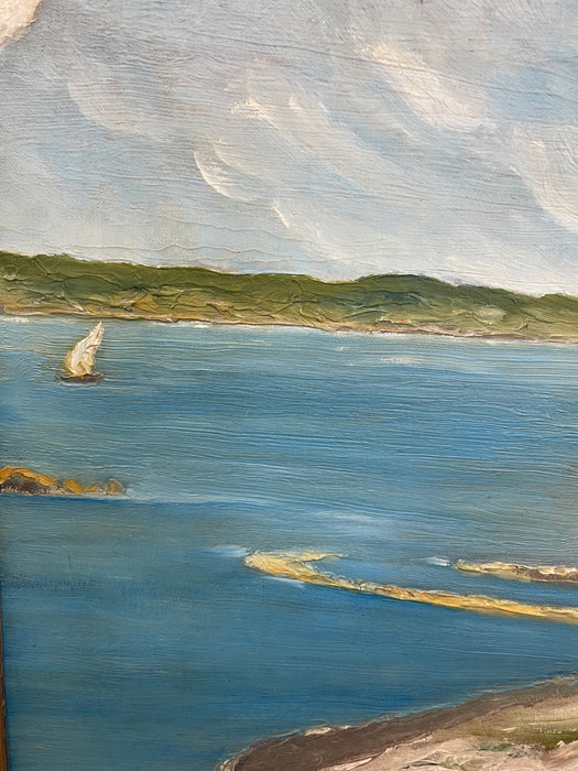 Vintage Coastal Landscape Painting in Impressionist Style, Framed Seascape with Sailboat