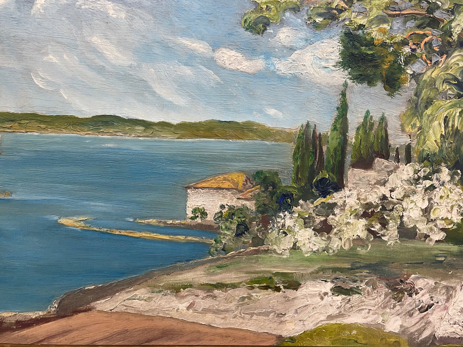 Vintage Coastal Landscape Painting in Impressionist Style, Framed Seascape with Sailboat