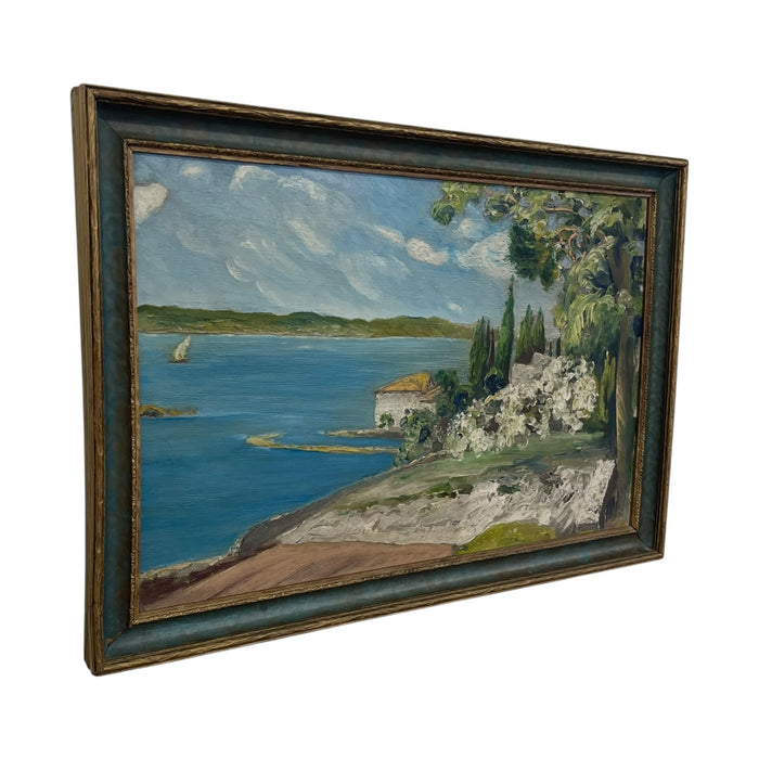 Vintage Coastal Landscape Painting in Impressionist Style, Framed Seascape with Sailboat