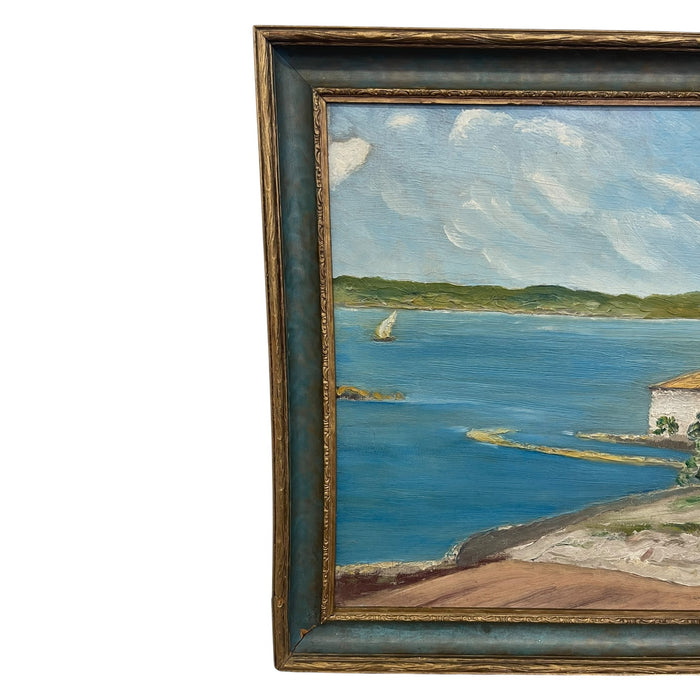 Vintage Coastal Landscape Painting in Impressionist Style, Framed Seascape with Sailboat