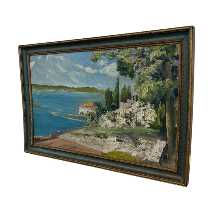 Vintage Coastal Landscape Painting in Impressionist Style, Framed Seascape with Sailboat