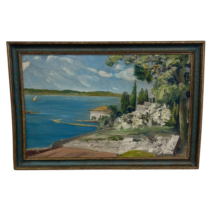 Vintage Coastal Landscape Painting in Impressionist Style, Framed Seascape with Sailboat