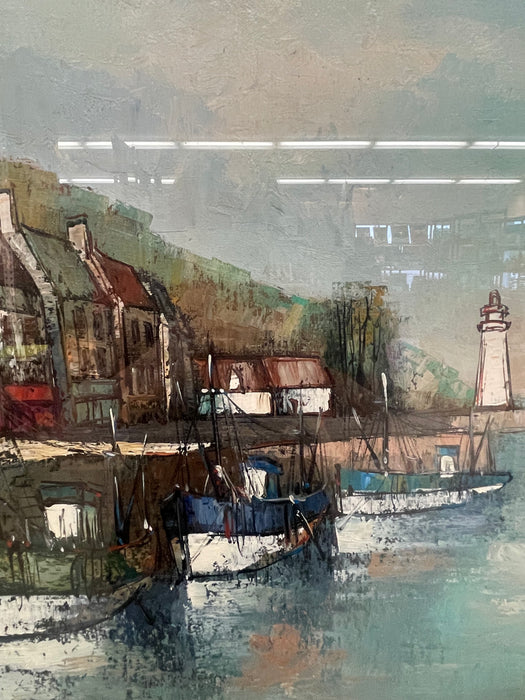 Vintage Mid-Century Coastal Harbor Painting with Lighthouse and Fishing Boats, Framed