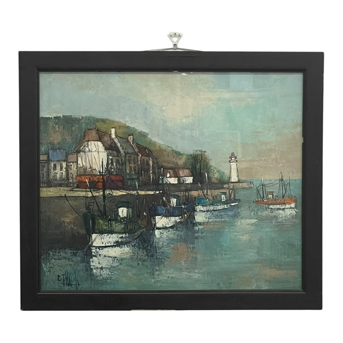 Vintage Mid-Century Coastal Harbor Painting with Lighthouse and Fishing Boats, Framed