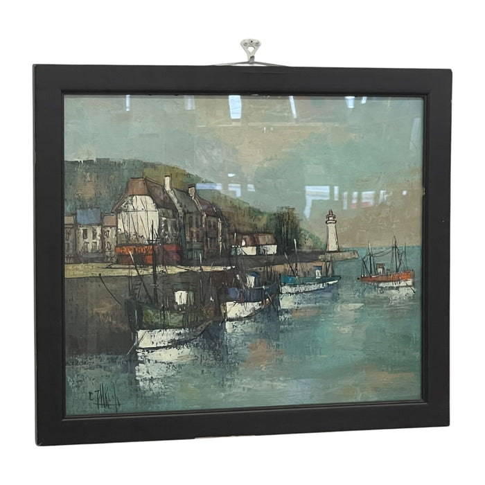 Vintage Mid-Century Coastal Harbor Painting with Lighthouse and Fishing Boats, Framed