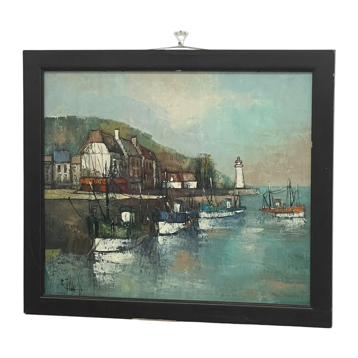 Vintage Mid-Century Coastal Harbor Painting with Lighthouse and Fishing Boats, Framed