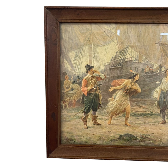 Vintage Framed The Abduction of Pocahontas Print After J.L.G. Ferris, Historical Colonial Wall Art.