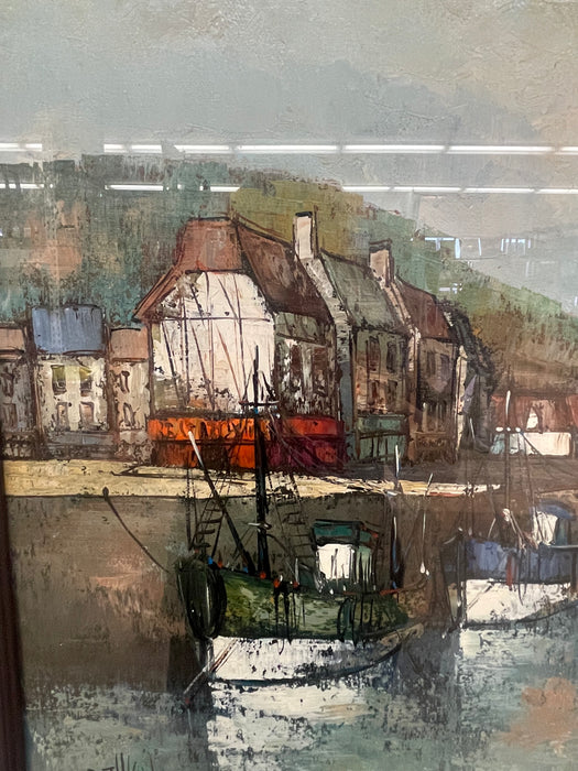 Vintage Mid-Century Coastal Harbor Painting with Lighthouse and Fishing Boats, Framed