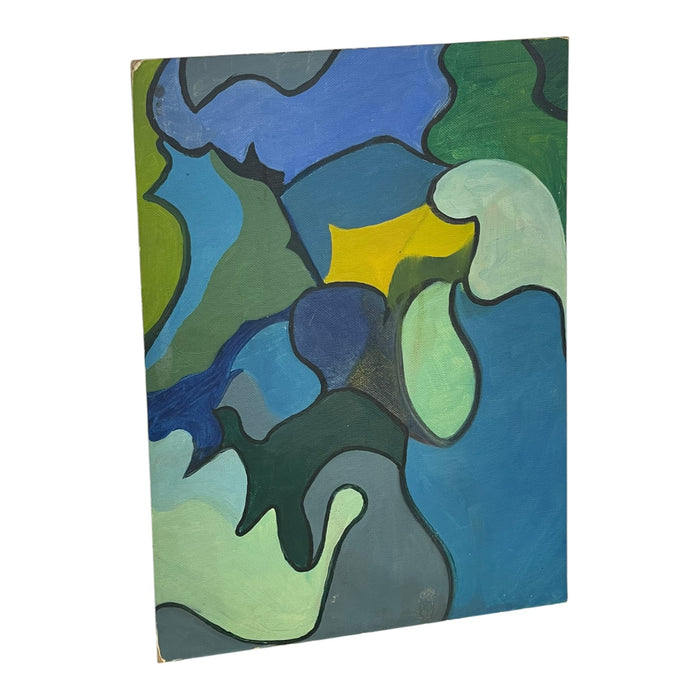 Vintage Abstract Geometric Acrylic Painting on Canvas Board in Blue and Green Tones.