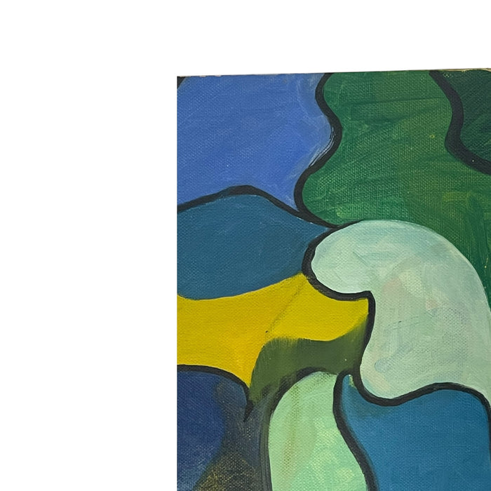 Vintage Abstract Geometric Acrylic Painting on Canvas Board in Blue and Green Tones.