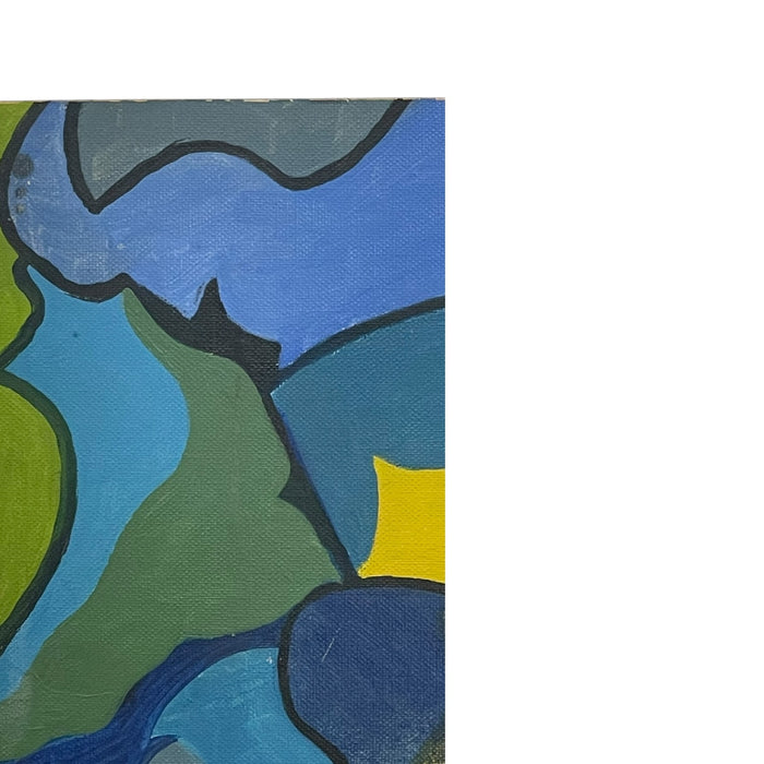 Vintage Abstract Geometric Acrylic Painting on Canvas Board in Blue and Green Tones.