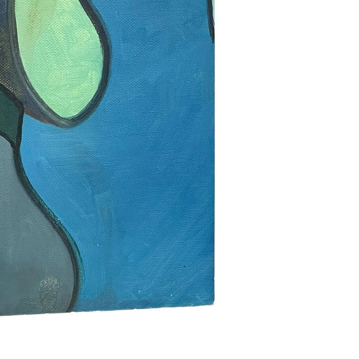 Vintage Abstract Geometric Acrylic Painting on Canvas Board in Blue and Green Tones.