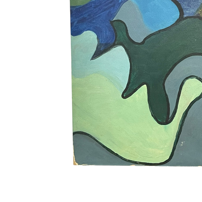 Vintage Abstract Geometric Acrylic Painting on Canvas Board in Blue and Green Tones.