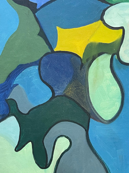 Vintage Abstract Geometric Acrylic Painting on Canvas Board in Blue and Green Tones.