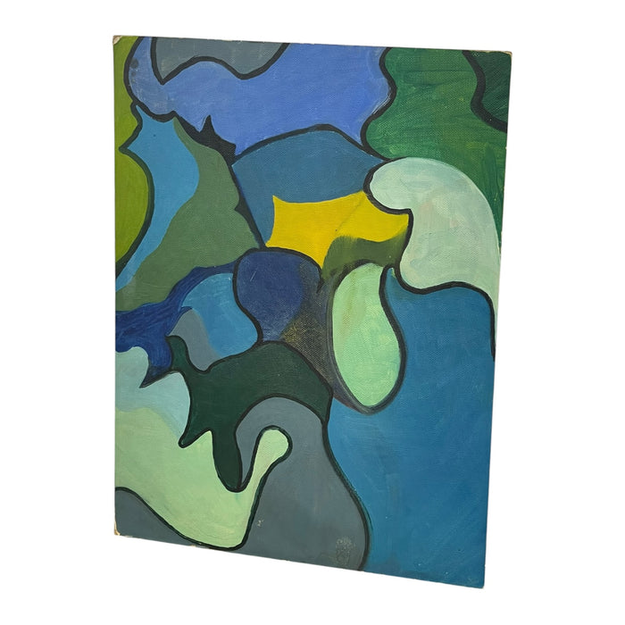 Vintage Abstract Geometric Acrylic Painting on Canvas Board in Blue and Green Tones.