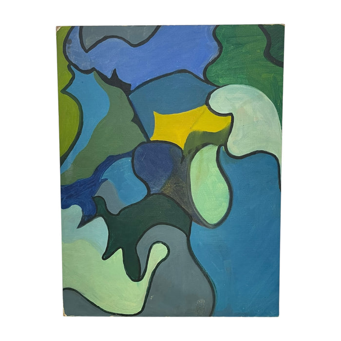 Vintage Abstract Geometric Acrylic Painting on Canvas Board in Blue and Green Tones.