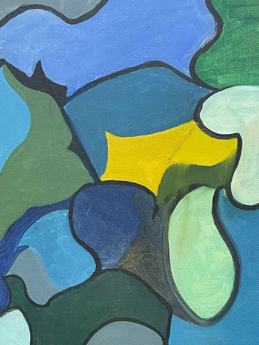 Vintage Abstract Geometric Acrylic Painting on Canvas Board in Blue and Green Tones.