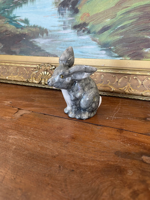 Vintage Hand-Carved Italian Alabaster Rabbit Sculpture with Veined Gray Finish.