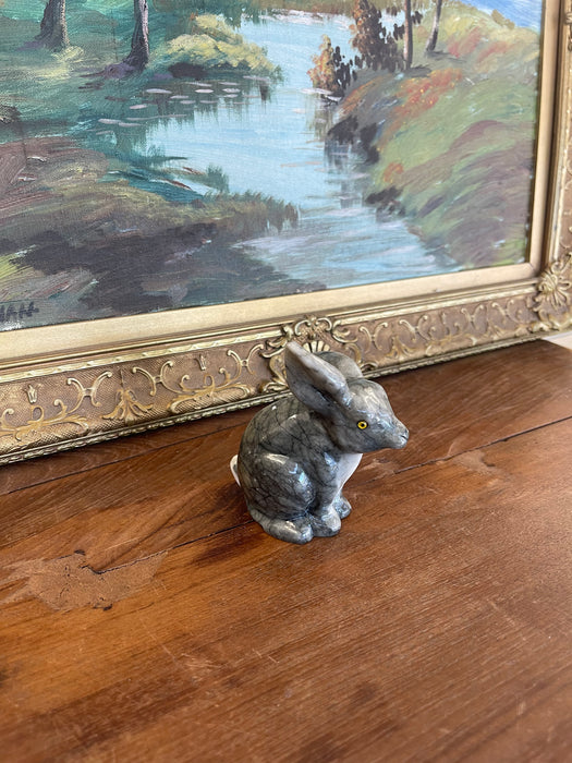 Vintage Hand-Carved Italian Alabaster Rabbit Sculpture with Veined Gray Finish.