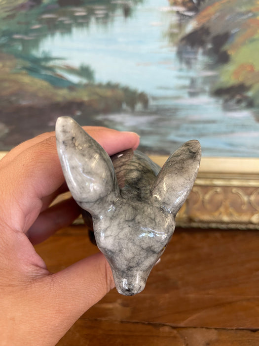 Vintage Hand-Carved Italian Alabaster Rabbit Sculpture with Veined Gray Finish.