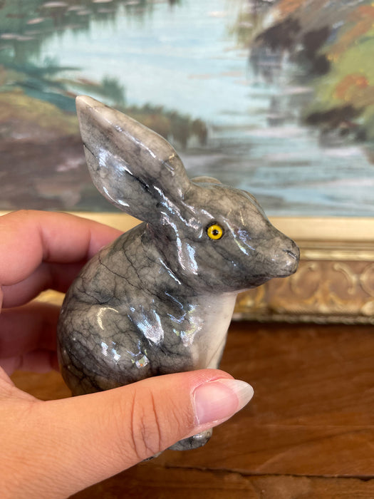 Vintage Hand-Carved Italian Alabaster Rabbit Sculpture with Veined Gray Finish.