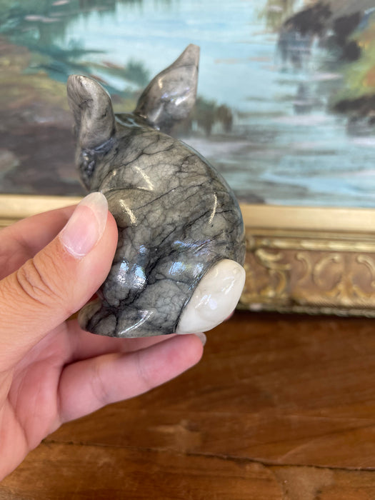 Vintage Hand-Carved Italian Alabaster Rabbit Sculpture with Veined Gray Finish.