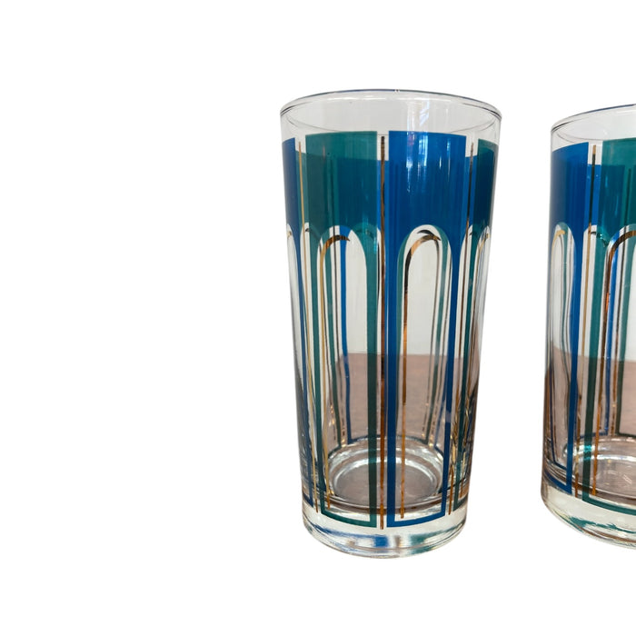 Vintage Set of 5 Mid-Century Modern Blue Geometric Highball Glasses