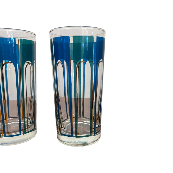 Vintage Set of 5 Mid-Century Modern Blue Geometric Highball Glasses