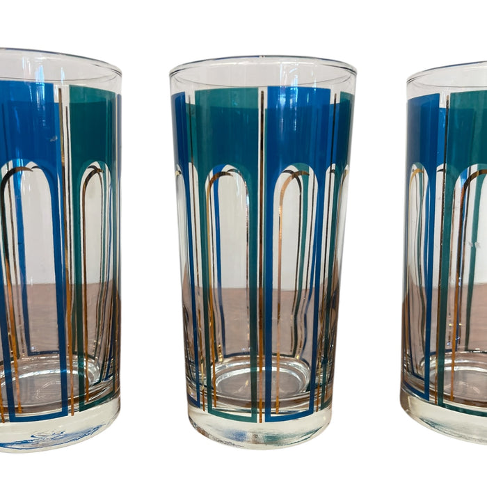 Vintage Set of 5 Mid-Century Modern Blue Geometric Highball Glasses