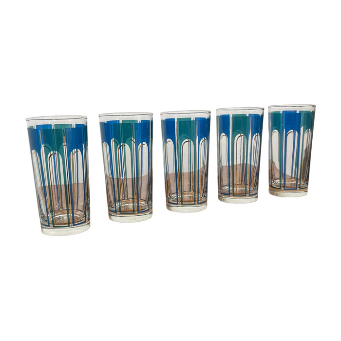 Vintage Set of 5 Mid-Century Modern Blue Geometric Highball Glasses