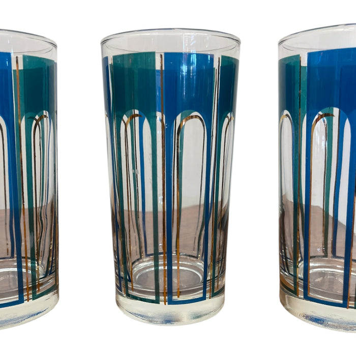 Vintage Set of 5 Mid-Century Modern Blue Geometric Highball Glasses