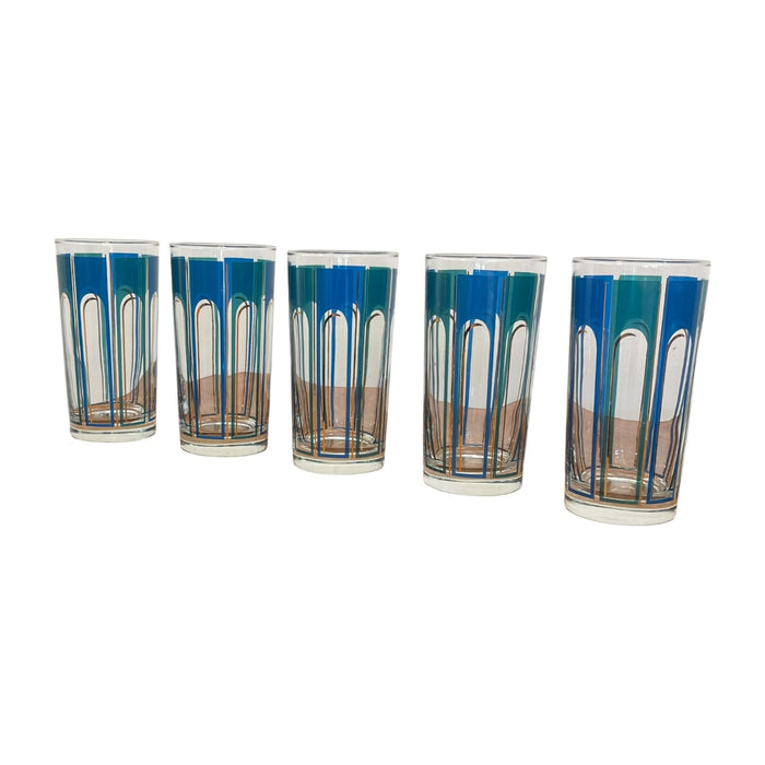 Vintage Set of 5 Mid-Century Modern Blue Geometric Highball Glasses
