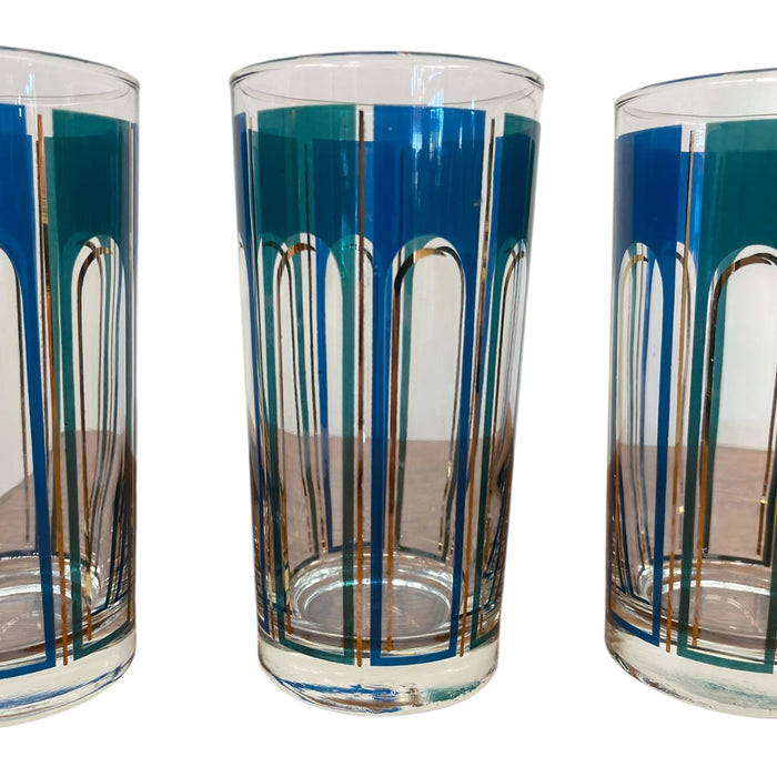 Vintage Set of 5 Mid-Century Modern Blue Geometric Highball Glasses