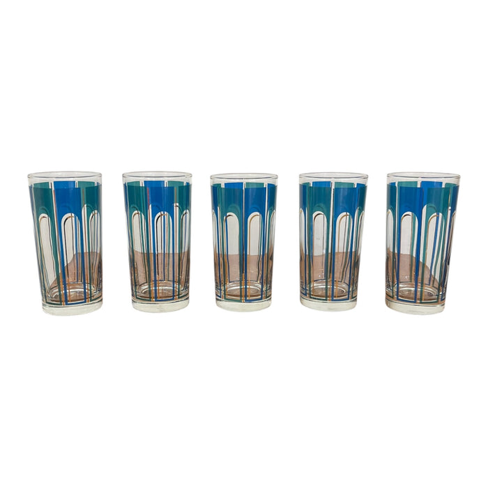 Vintage Set of 5 Mid-Century Modern Blue Geometric Highball Glasses