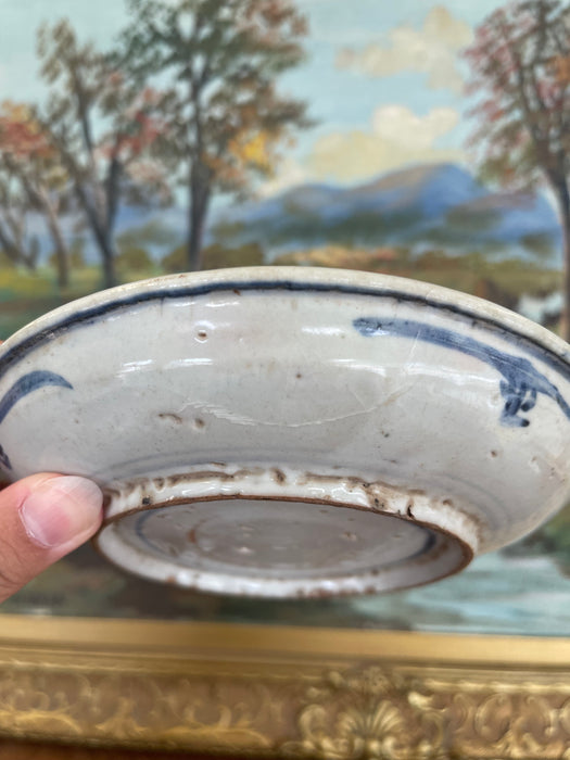 Likely Antique Vietnamese Blue and White Hand-Painted Ceramic Dish, 19th Century Tonal Style.