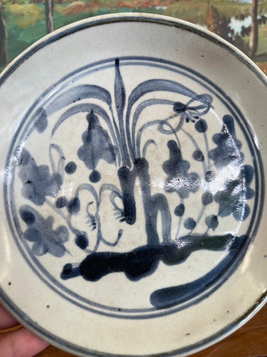 Likely Antique Vietnamese Blue and White Hand-Painted Ceramic Dish, 19th Century Tonal Style.