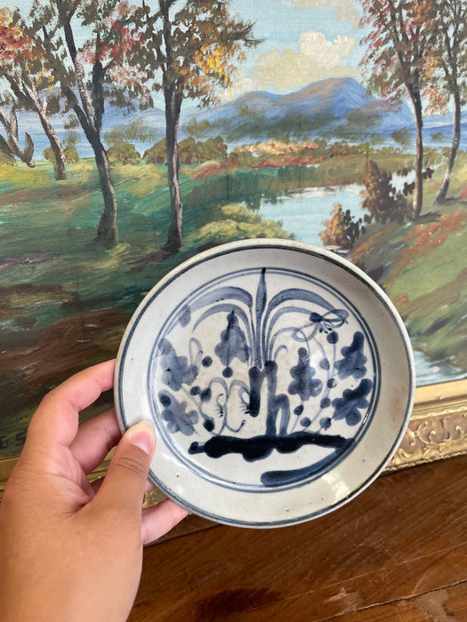 Likely Antique Vietnamese Blue and White Hand-Painted Ceramic Dish, 19th Century Tonal Style.